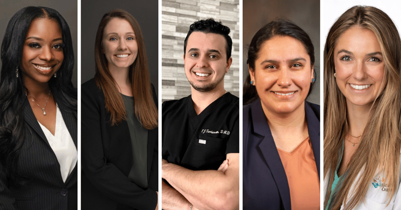 A five-photo grid featuring headshots of four women and one man, all of whom are dentists.