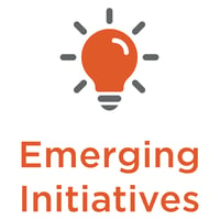 An icon depiction of an orange lightbulb. Text below reads "Emerging Initiatives."