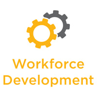 Icons of two gears moving together. One is yellow and one is gray. Text below reads "Workforce Development."