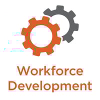Icons of two gears moving together. One is orange and one is gray. Text below reads "Workforce Development."