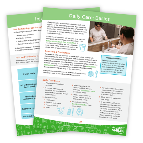 Two flyers laid on top of one another. The top one details components of daily oral health care.