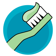 Blue and green icon of a toothbrush with a smear of toothpaste on it.