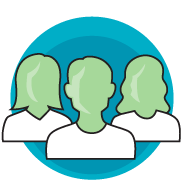 Blue and green icon that shows bust outlines of three people.